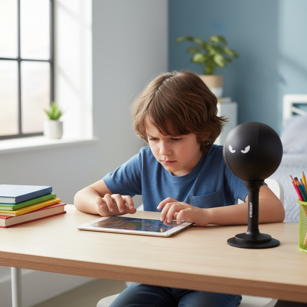 Enfant avec tablette et sac StressOff